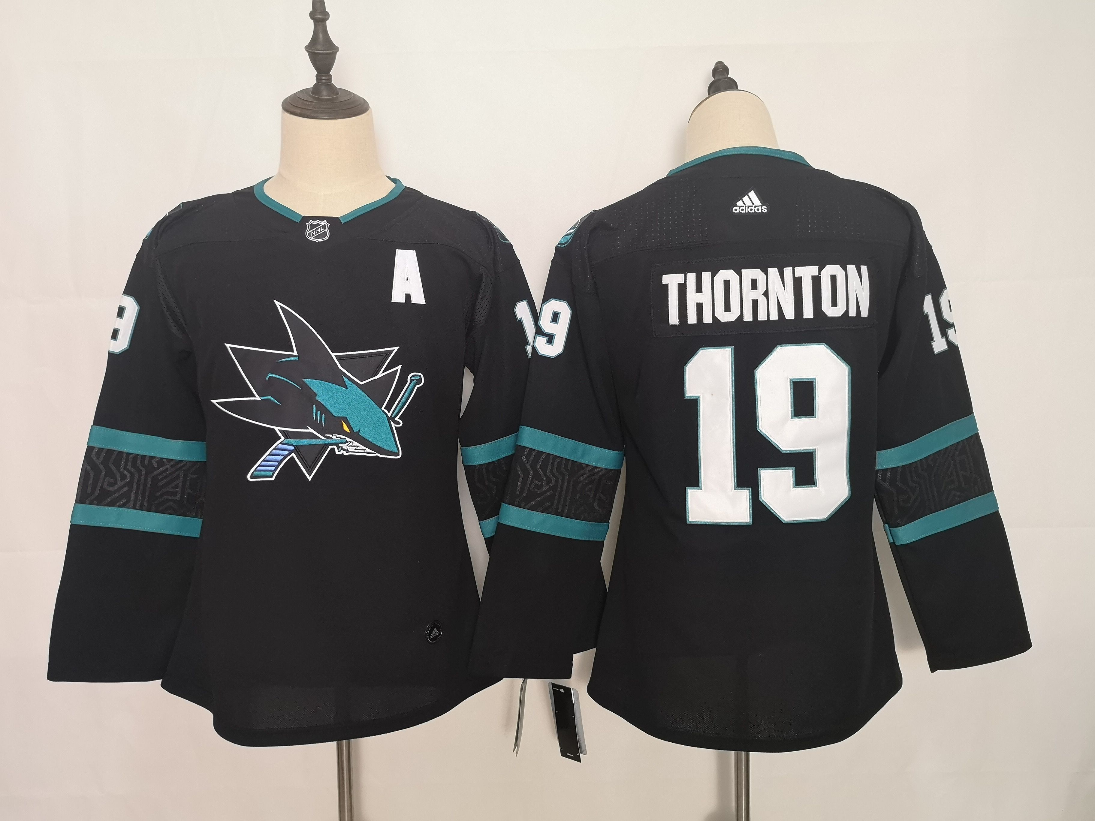 Women San Jose Sharks #19 Thornton Black Adidas Stitched NHL Jersey->women nhl jersey->Women Jersey
